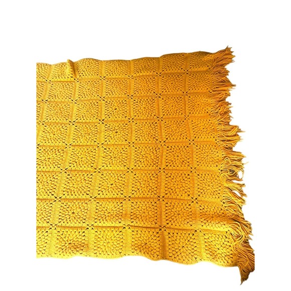 Mustard Crocheted Afghan Granny Square Fringe Retro Throw Blanket 69x46 Handmade - Picture 7 of 14